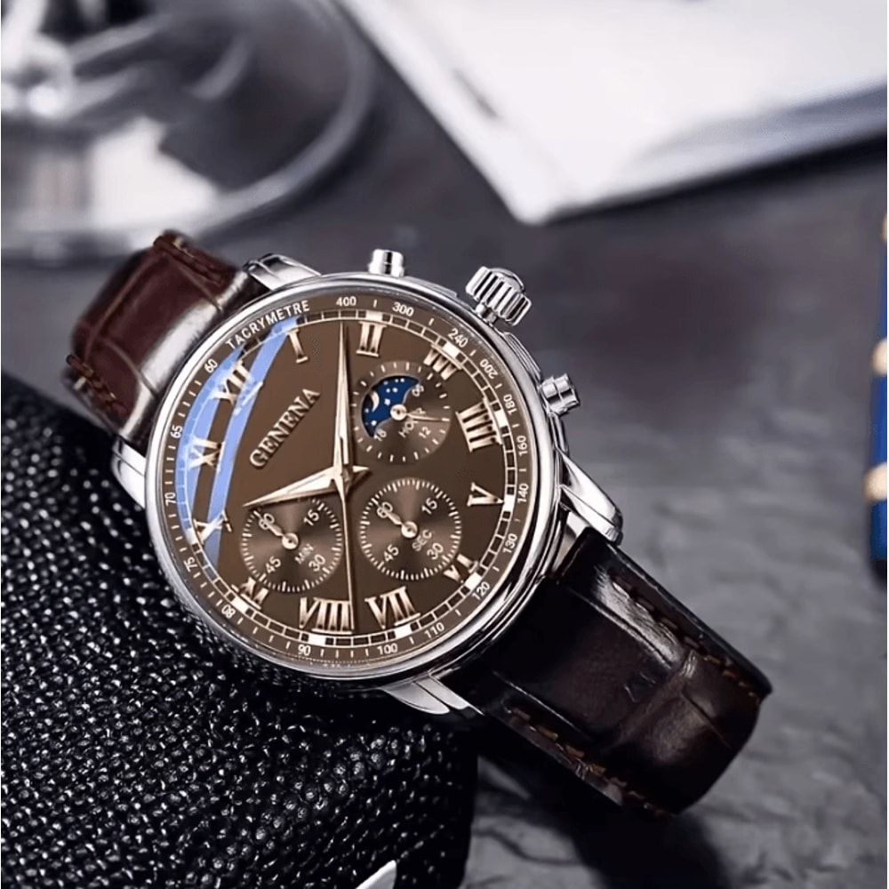 GENEVA Luxury Mens Quartz Watch Leather Strap Waterproof Business And Sport Wristwatch 3