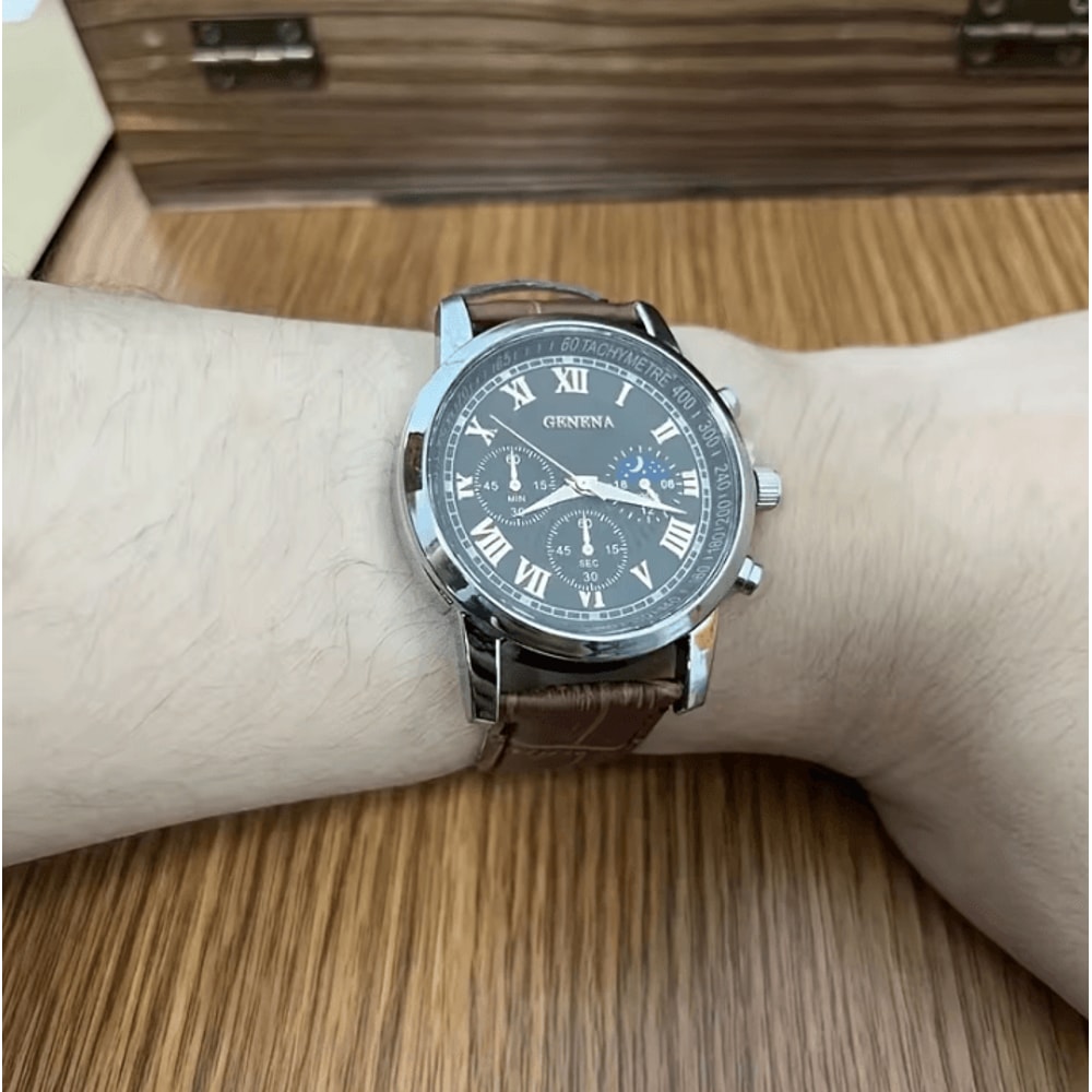 GENEVA Luxury Mens Quartz Watch Leather Strap Waterproof Business And Sport Wristwatch 4