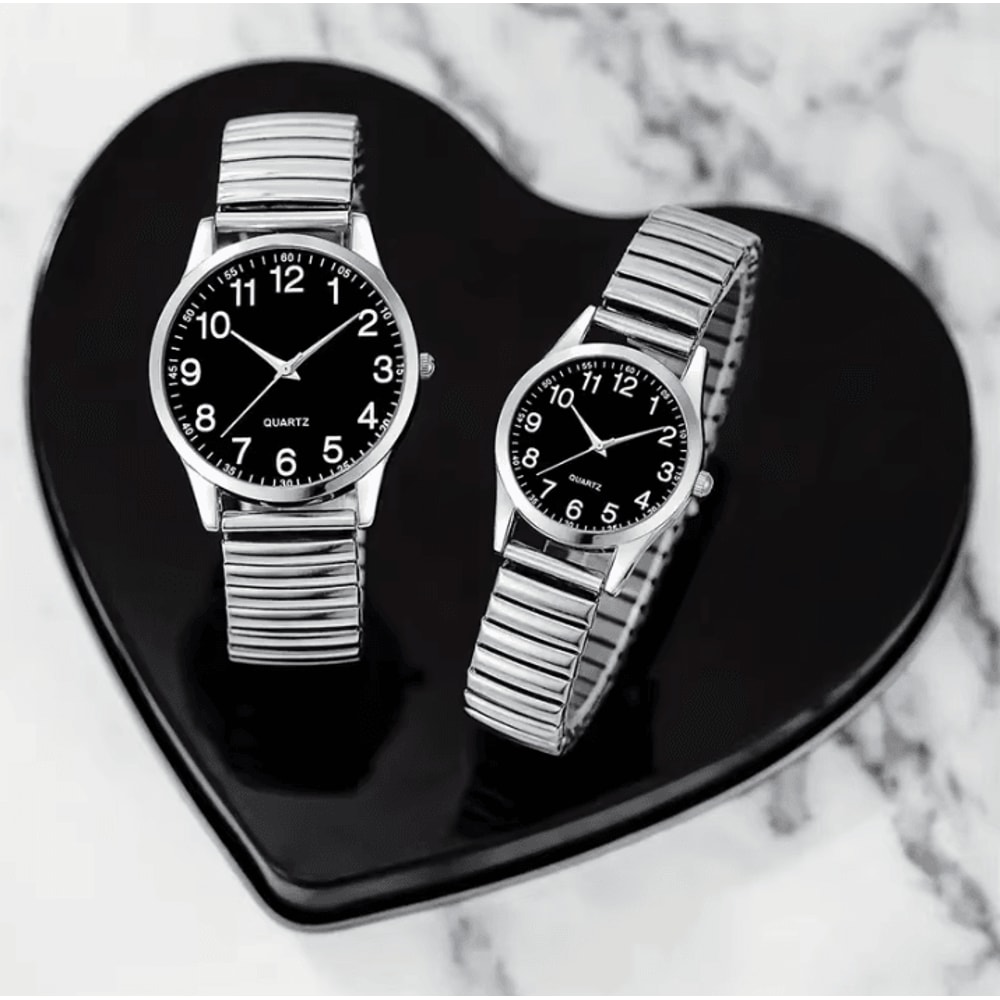 Black Arabic Numeral Couple Watch Set Elastic Band Quartz Watches For Men And Women 0