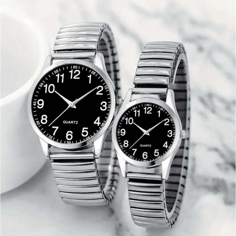 Black Arabic Numeral Couple Watch Set Elastic Band Quartz Watches For Men And Women 1