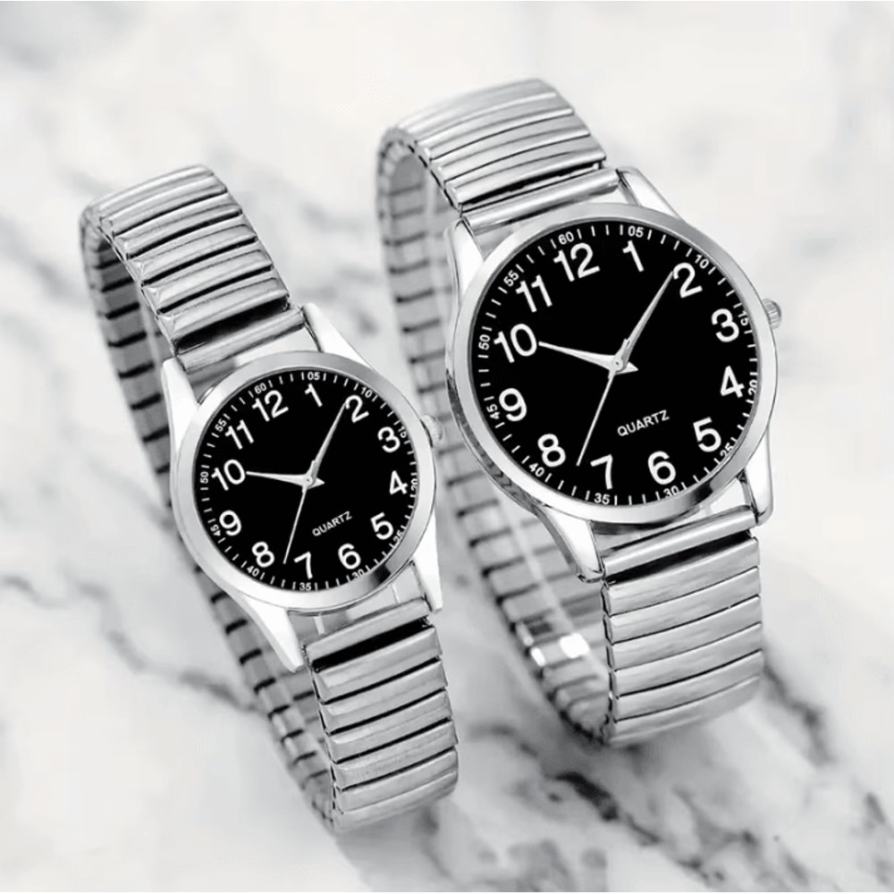 Black Arabic Numeral Couple Watch Set Elastic Band Quartz Watches For Men And Women 2