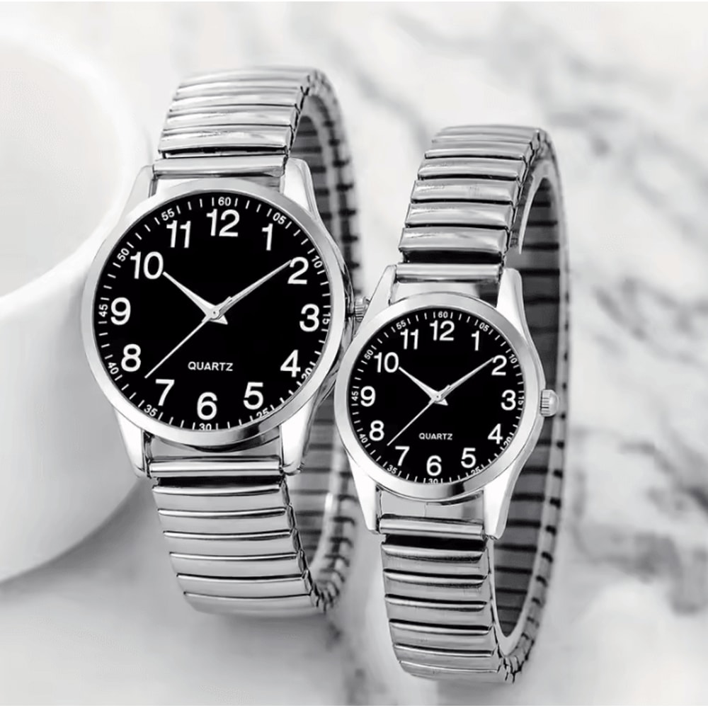 Black Arabic Numeral Couple Watch Set Elastic Band Quartz Watches For Men And Women 4