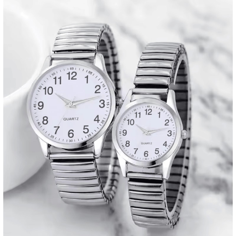 Black Arabic Numeral Couple Watch Set Elastic Band Quartz Watches For Men And Women 5