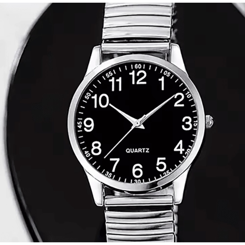 Black Arabic Numeral Couple Watch Set Elastic Band Quartz Watches For Men And Women 6