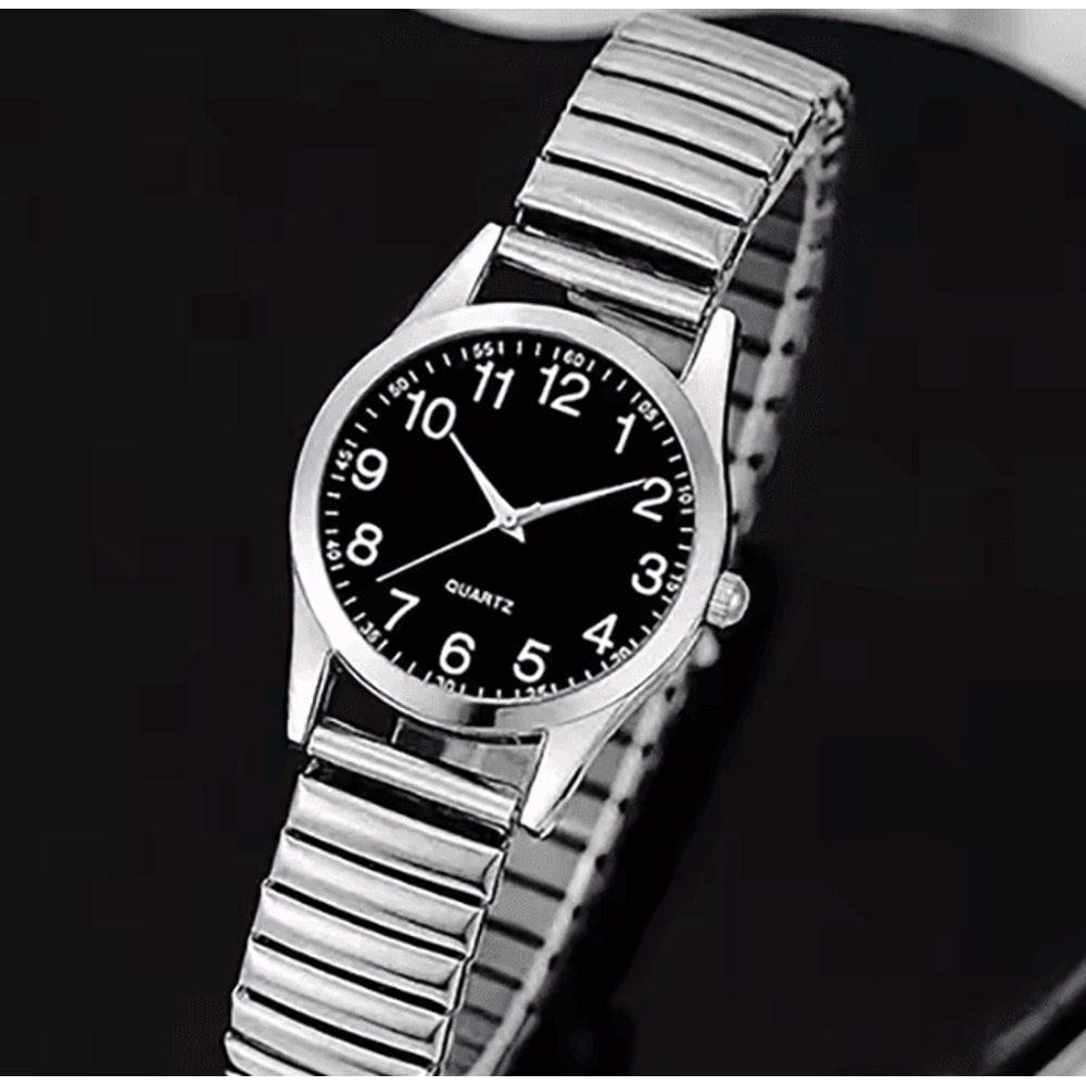 Black Arabic Numeral Couple Watch Set Elastic Band Quartz Watches For Men And Women 7