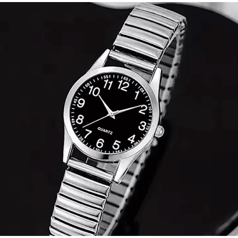 Black Arabic Numeral Couple Watch Set Elastic Band Quartz Watches For Men And Women 7