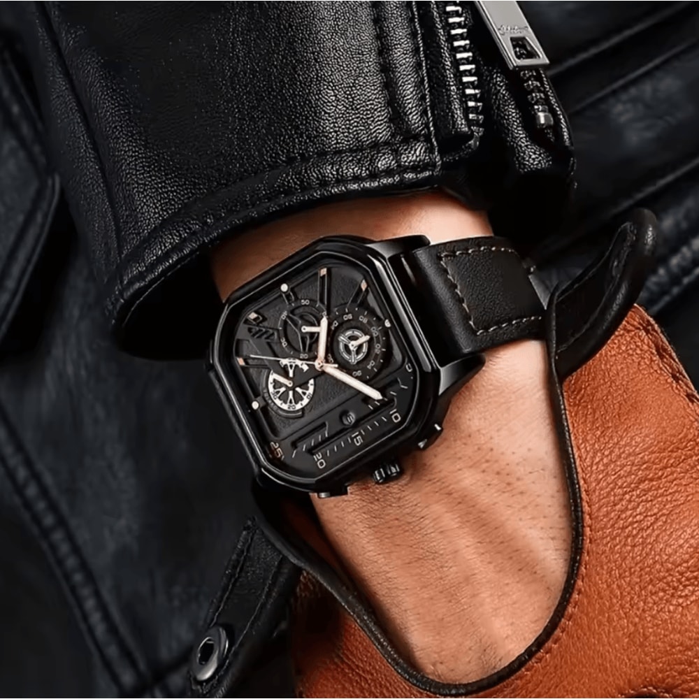 Mens Square Big Dial Watch PU Leather Strap Quartz Casual Sports Wristwatch 3