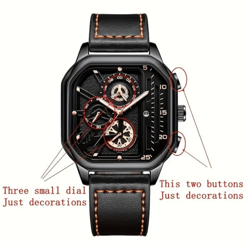 Mens Square Big Dial Watch PU Leather Strap Quartz Casual Sports Wristwatch 5