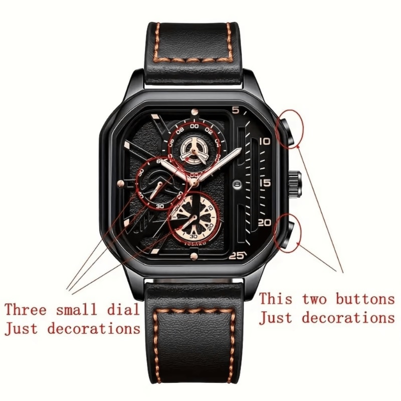 Mens Square Big Dial Watch PU Leather Strap Quartz Casual Sports Wristwatch 5