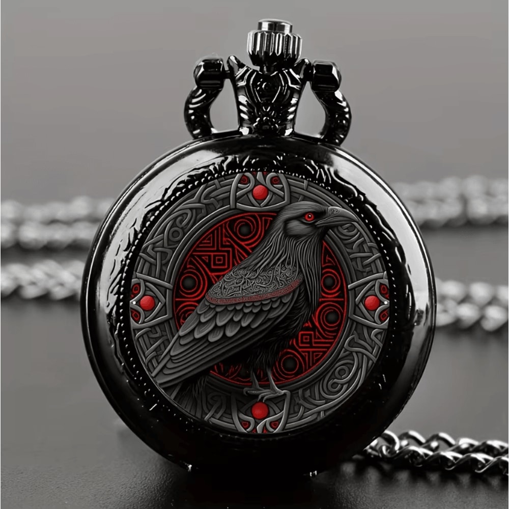Gothic Raven Pocket Watch Necklace Quartz Vintage Black Alloy Pendant Watch 0