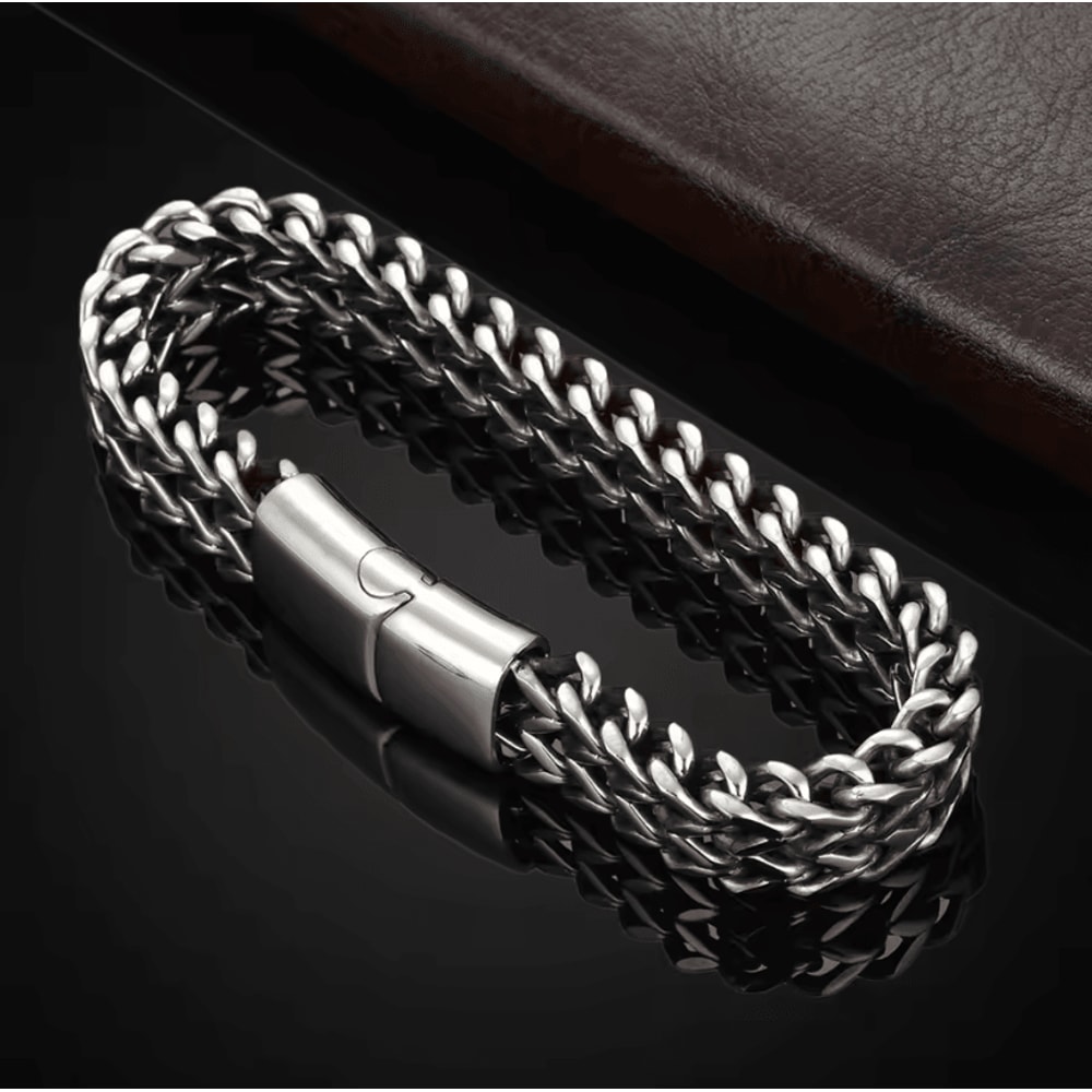Stainless Steel Braided Bracelet Double Row Fish Scale Magnetic Buckle Mens Jewelry 0