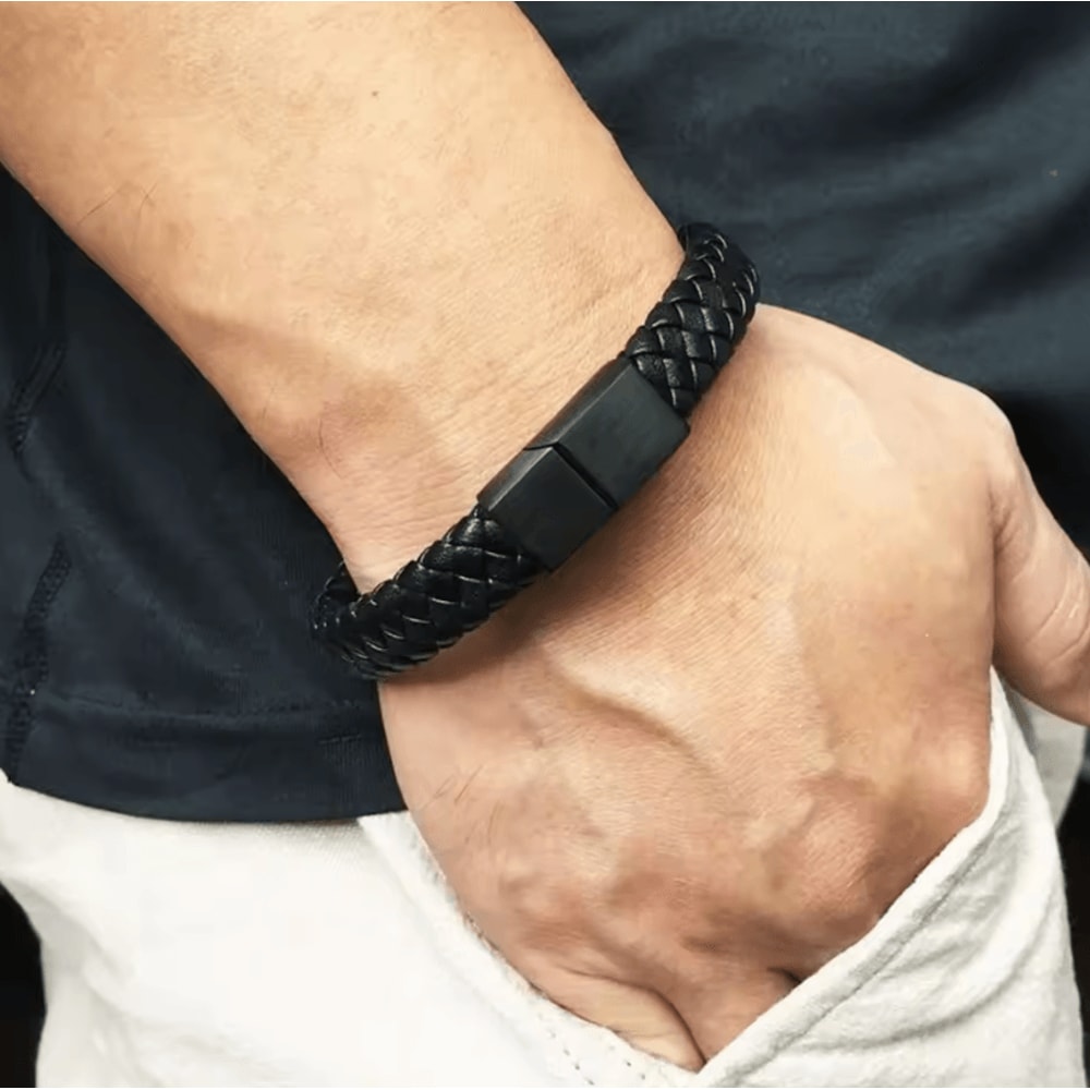 Mens Woven Leather Bracelet Open Bangle Adjustable Braided Wristband 4