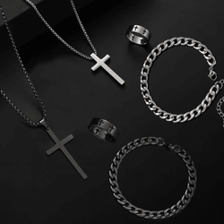 mens stainless steel cross jewelry set necklace bracelet ring hip hop accessories