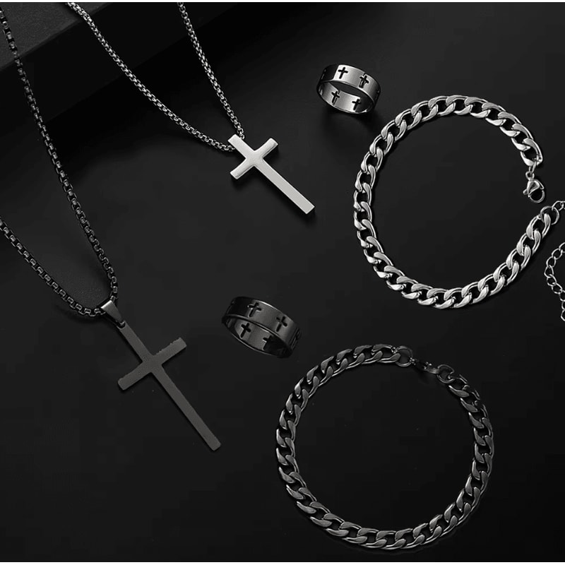 Mens Stainless Steel Cross Jewelry Set Necklace Bracelet Ring Hip Hop Accessories 0