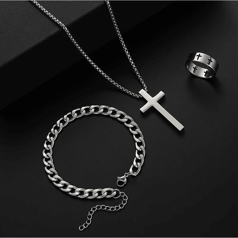 Mens Stainless Steel Cross Jewelry Set Necklace Bracelet Ring Hip Hop Accessories 1