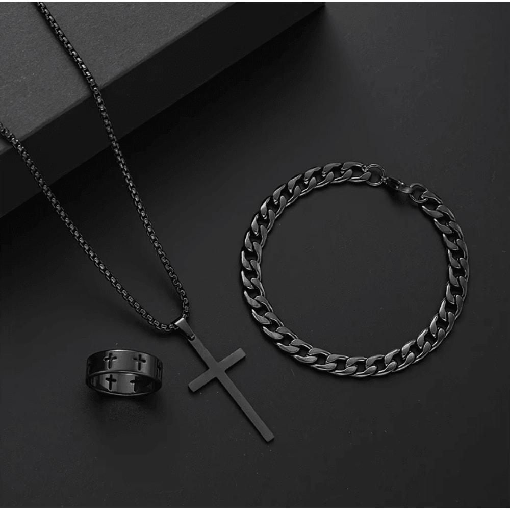 Mens Stainless Steel Cross Jewelry Set Necklace Bracelet Ring Hip Hop Accessories 2