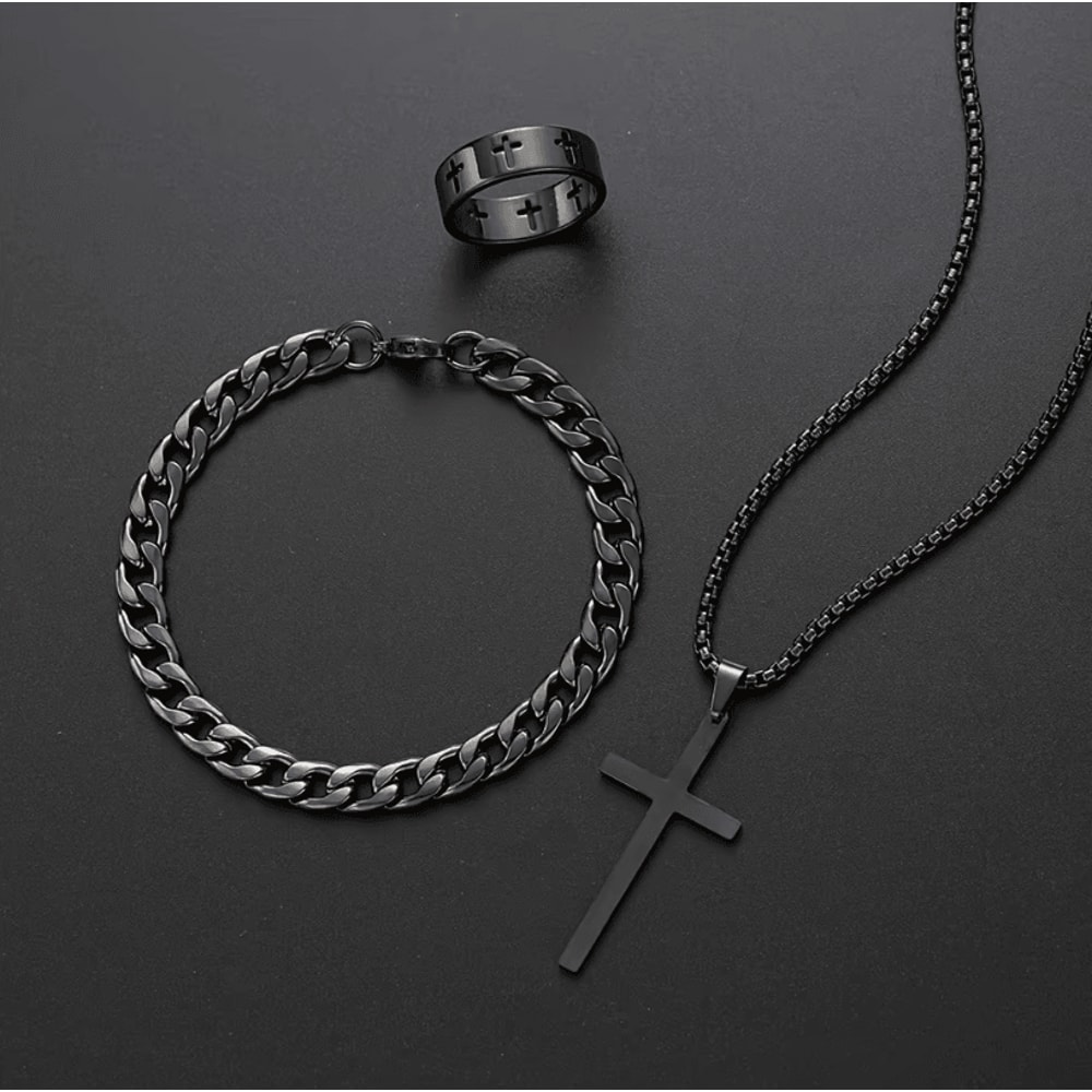 Mens Stainless Steel Cross Jewelry Set Necklace Bracelet Ring Hip Hop Accessories 3