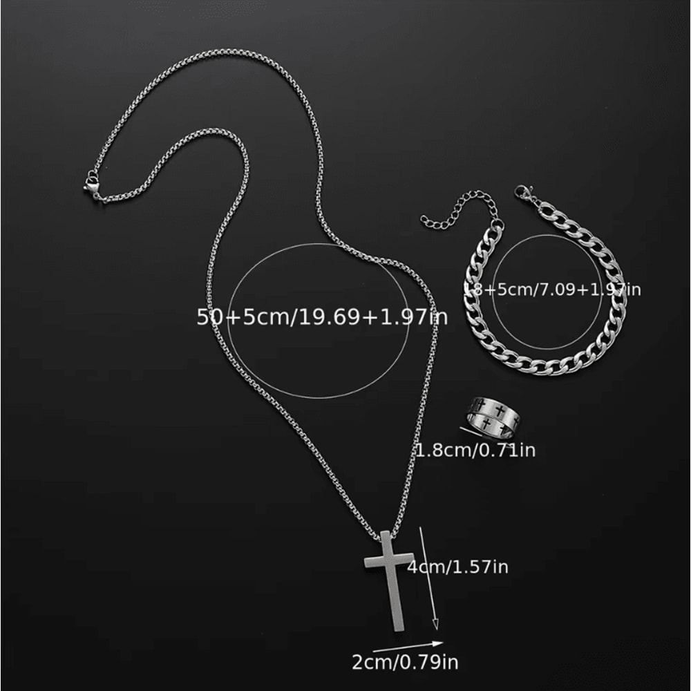Mens Stainless Steel Cross Jewelry Set Necklace Bracelet Ring Hip Hop Accessories 4