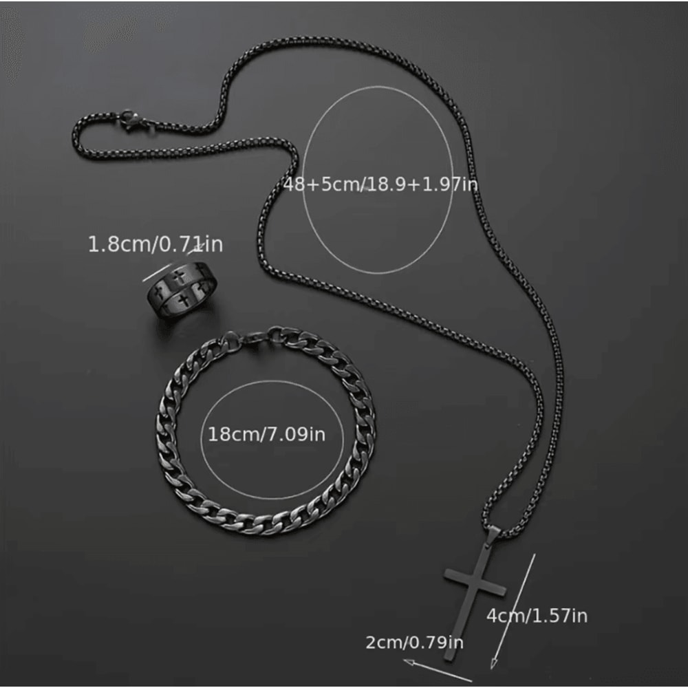 Mens Stainless Steel Cross Jewelry Set Necklace Bracelet Ring Hip Hop Accessories 5
