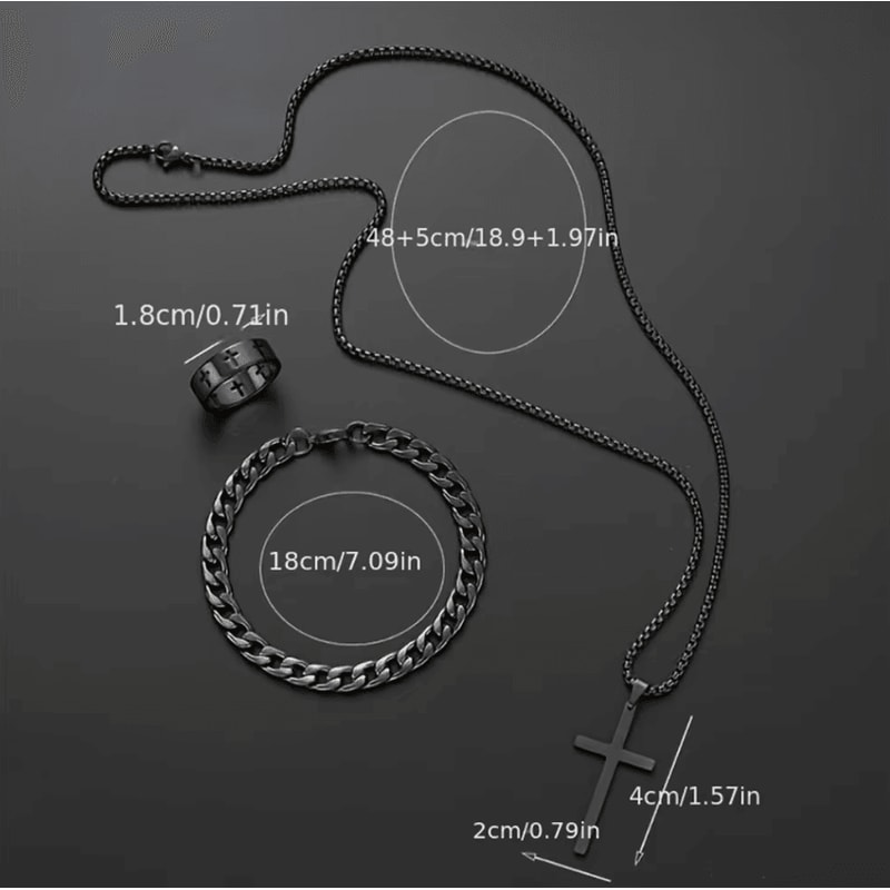 Mens Stainless Steel Cross Jewelry Set Necklace Bracelet Ring Hip Hop Accessories 5