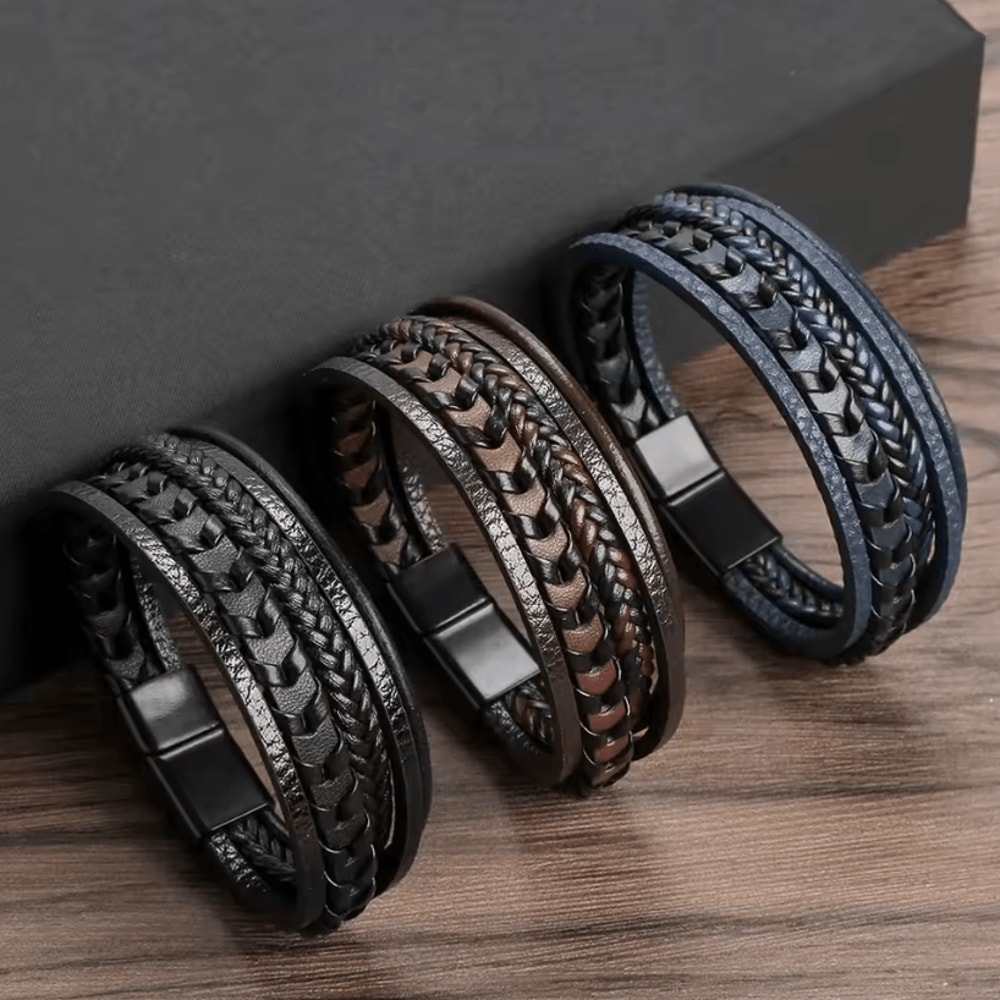 Mens Multi Layer Braided Leather Bracelet Magnetic Buckle Vintage Rope Wristband 0