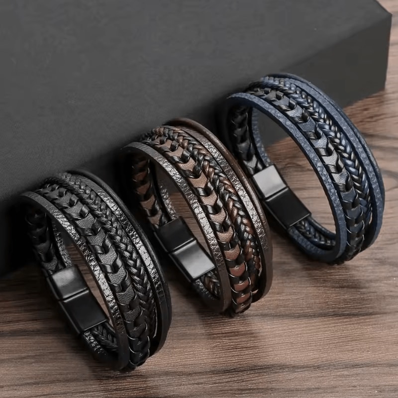 Mens Multi Layer Braided Leather Bracelet Magnetic Buckle Vintage Rope Wristband 0