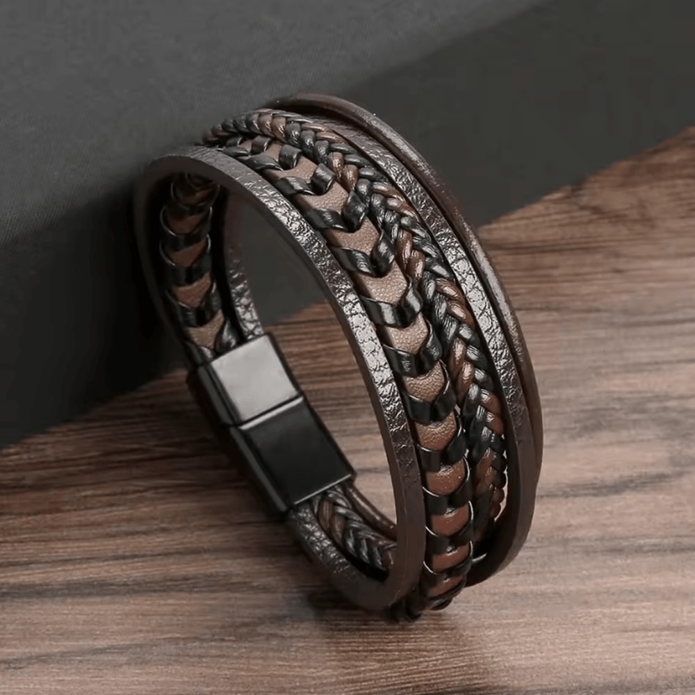 Mens Multi Layer Braided Leather Bracelet Magnetic Buckle Vintage Rope Wristband 6