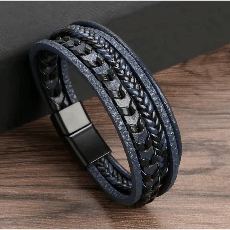 Mens Multi Layer Braided Leather Bracelet Magnetic Buckle Vintage Rope Wristband 7