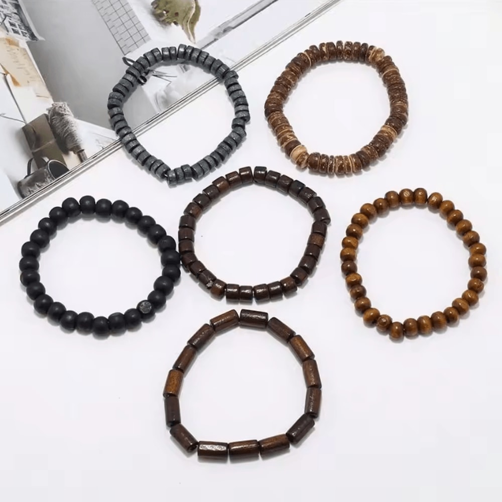 Vintage Braided Leather Bracelet Set For Men Wood Beads Wrap Wristband Fashion Armband 0