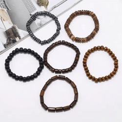 vintage braided leather bracelet set for men – wood beads wrap wristband fashion armband