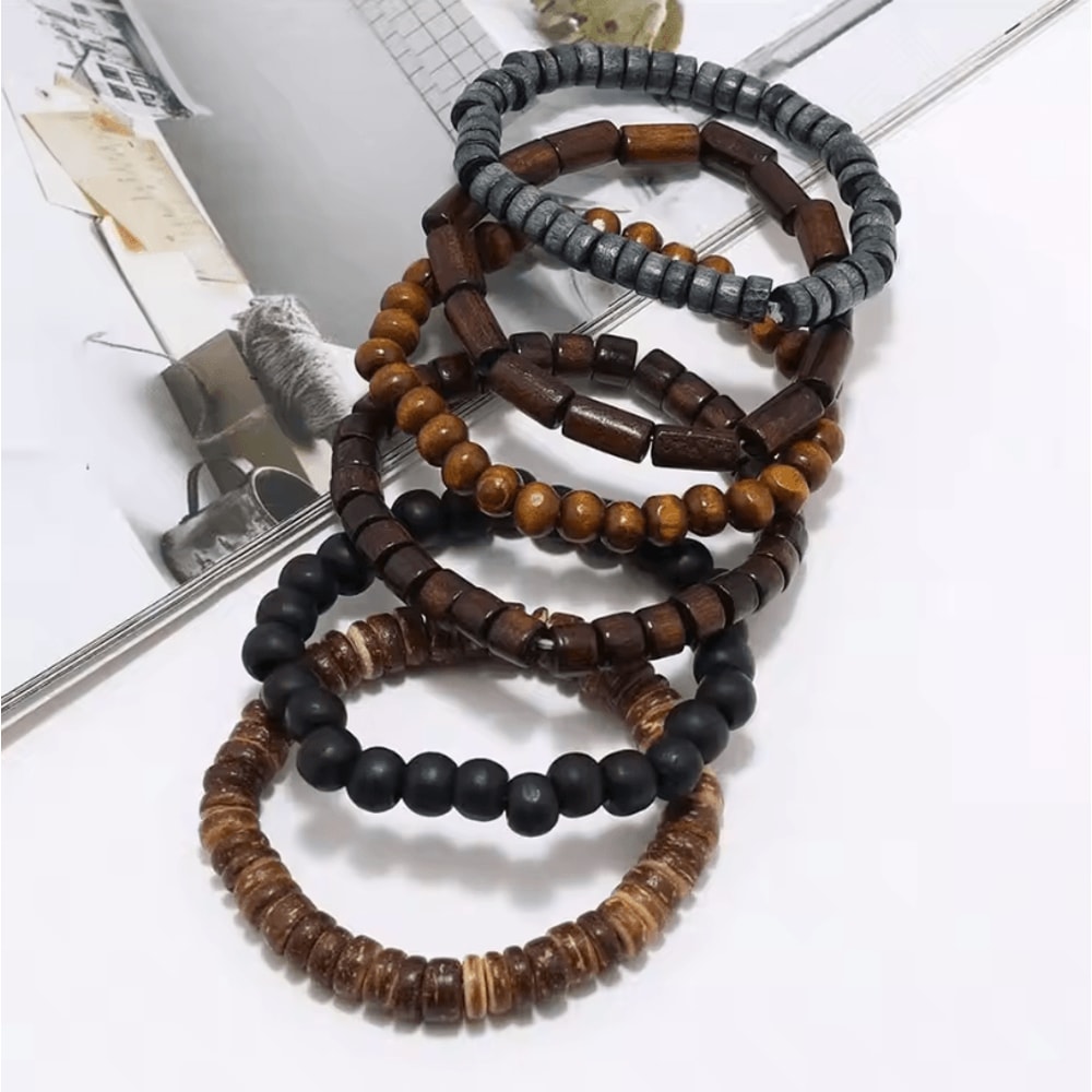 Vintage Braided Leather Bracelet Set For Men Wood Beads Wrap Wristband Fashion Armband 1