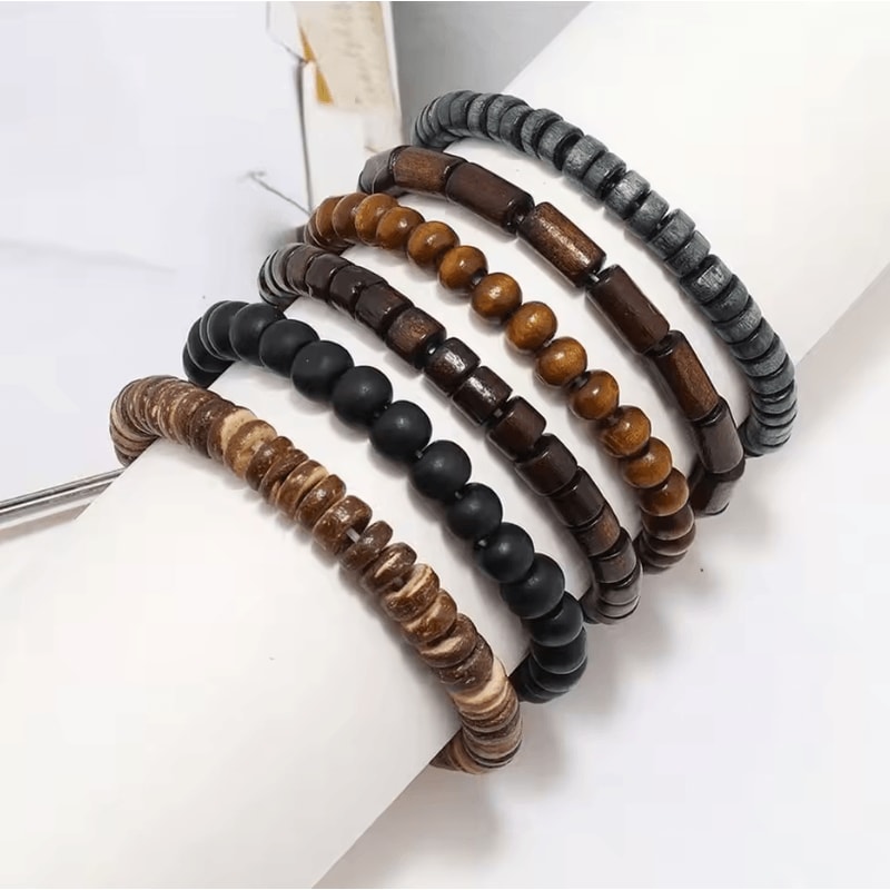 Vintage Braided Leather Bracelet Set For Men Wood Beads Wrap Wristband Fashion Armband 2