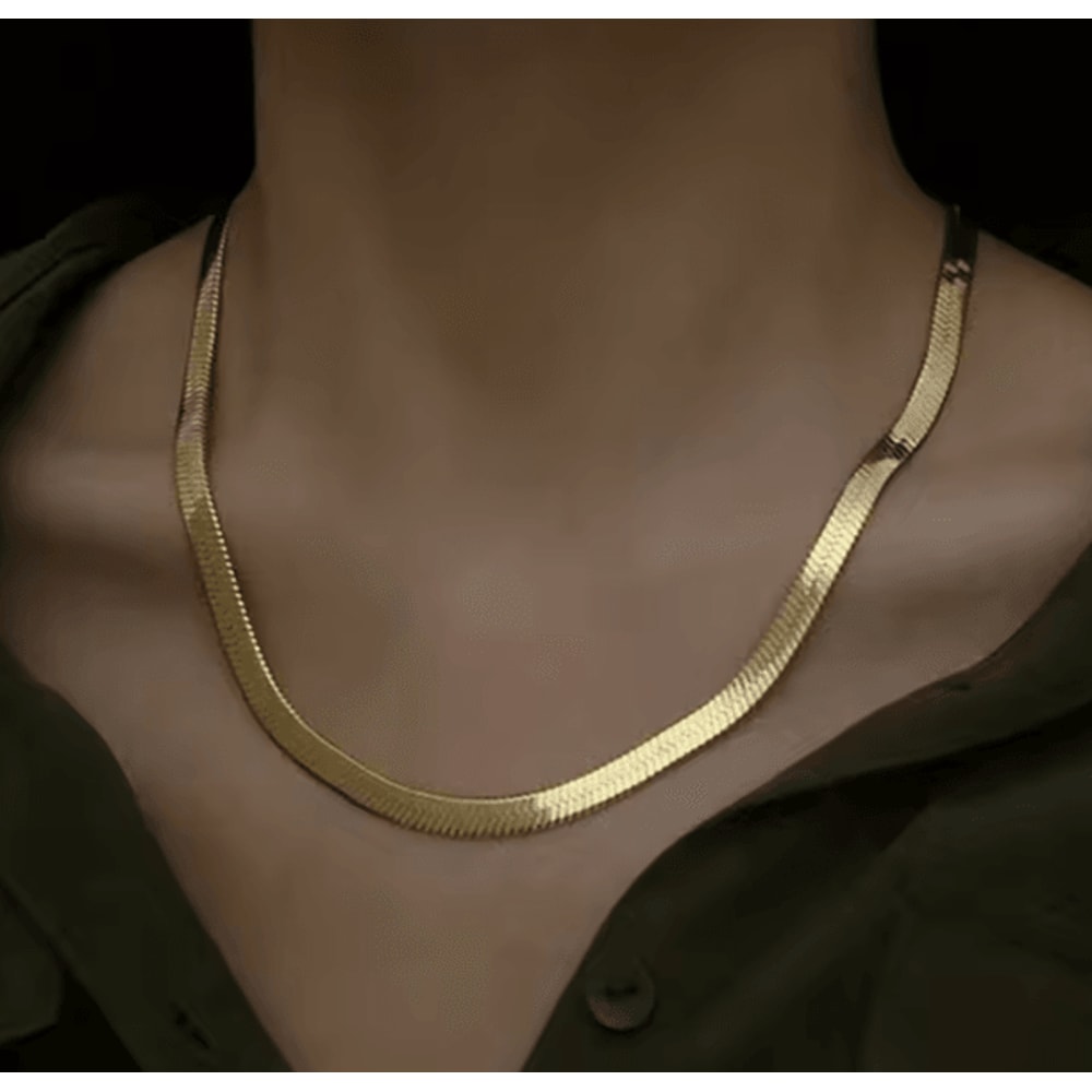 Gold Plated Snake Chain Necklace 3mm Flat Herringbone Choker For Men Women 0