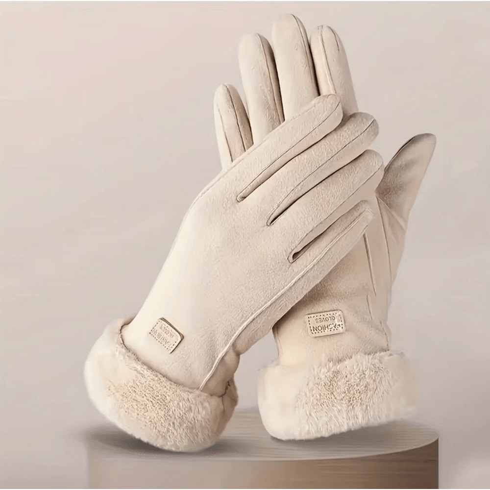 Beige Touchscreen Winter Gloves With Plush Lining Warm Thermal Gloves For Outdoor Use 0