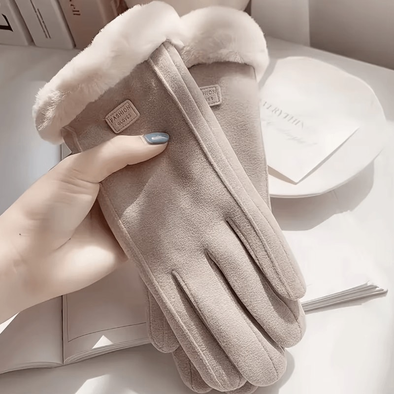 Beige Touchscreen Winter Gloves With Plush Lining Warm Thermal Gloves For Outdoor Use 1