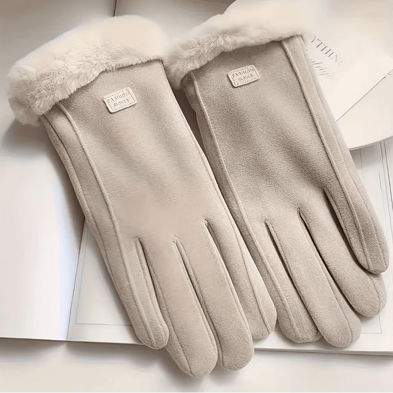 Beige Touchscreen Winter Gloves With Plush Lining Warm Thermal Gloves For Outdoor Use 2