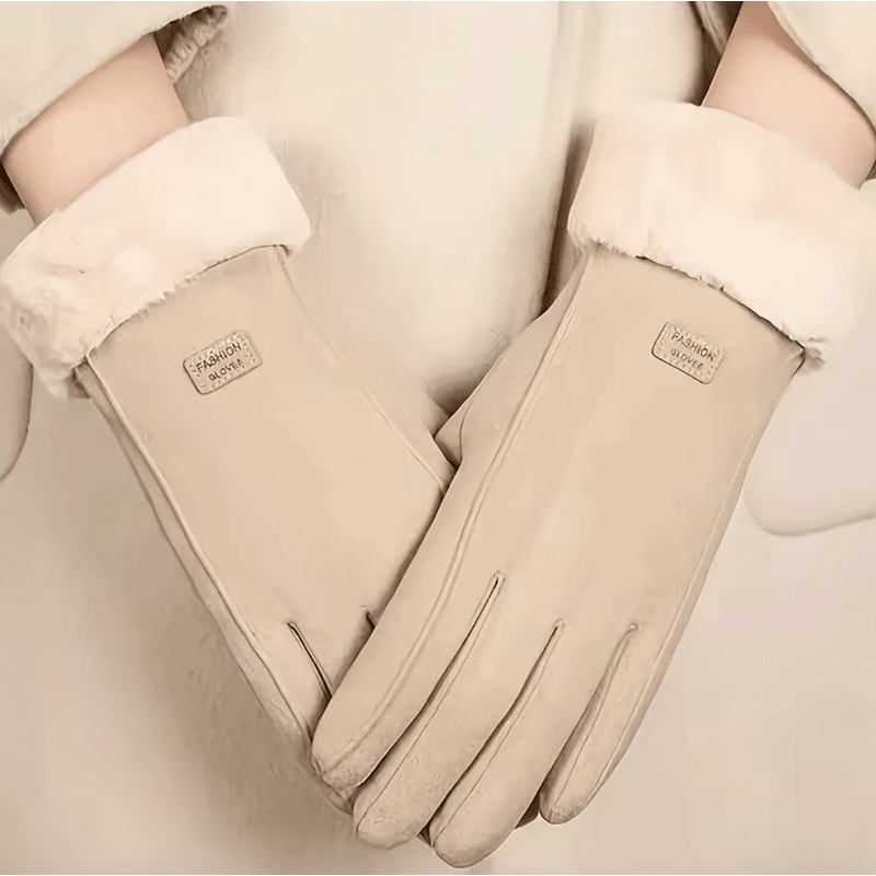 Beige Touchscreen Winter Gloves With Plush Lining Warm Thermal Gloves For Outdoor Use 3