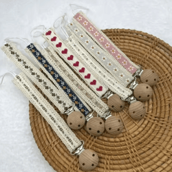 wooden flower baby pacifier clip chain with embroidered design