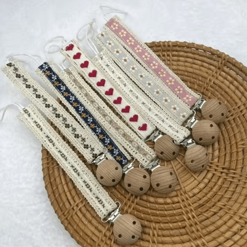 Wooden Flower Baby Pacifier Clip Chain With Embroidered Design 0