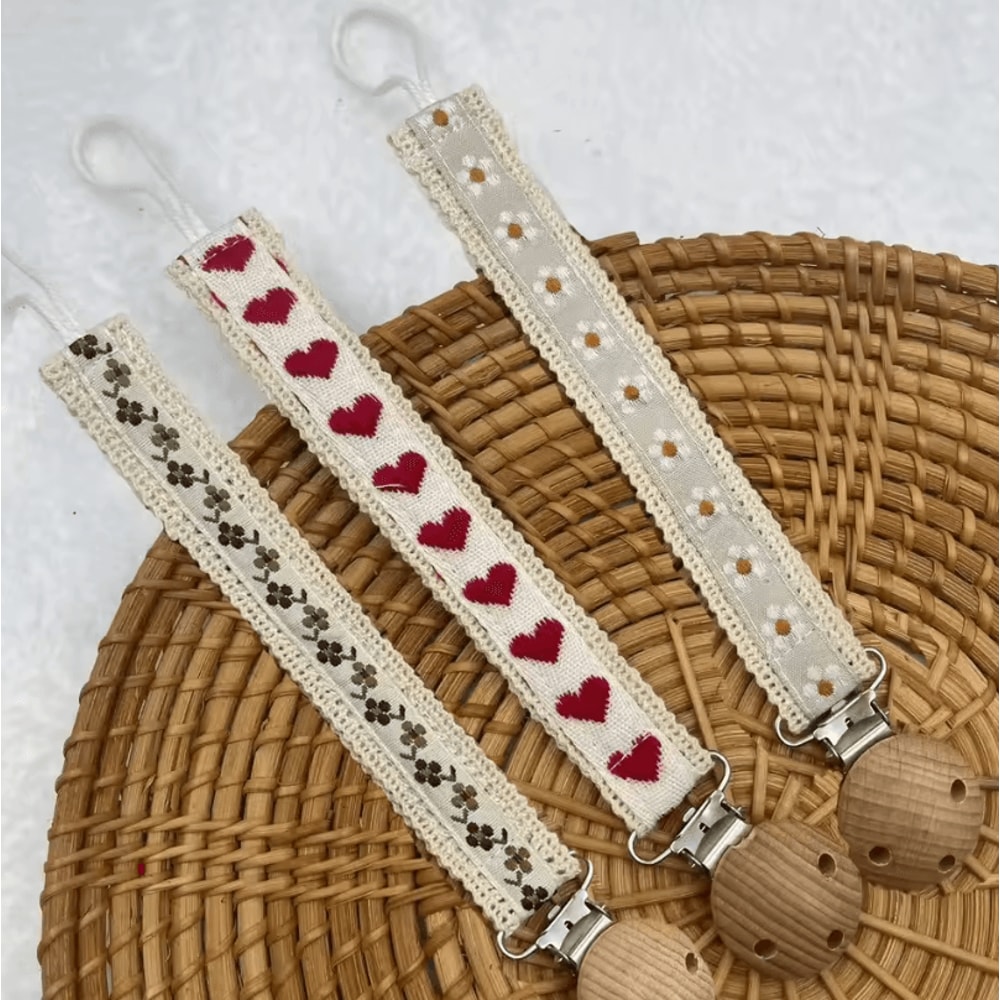 Wooden Flower Baby Pacifier Clip Chain With Embroidered Design 1