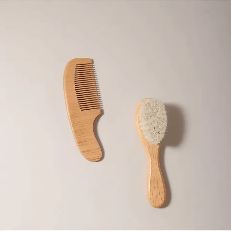 2PCS Natural Wooden Baby Hair Brush Comb Set With Soft Wool Bristles 2