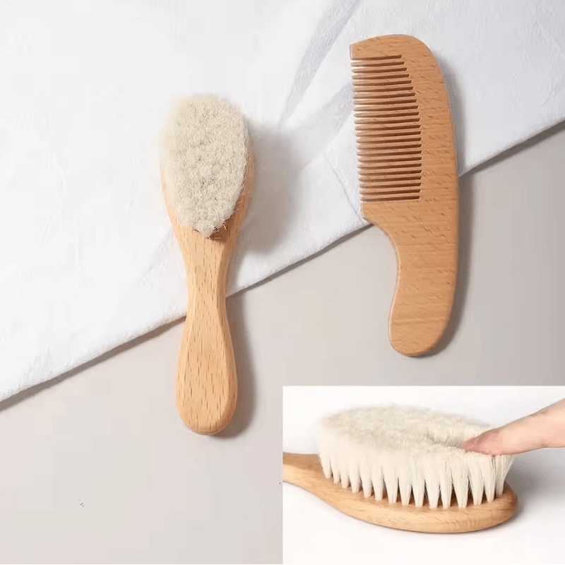 2PCS Natural Wooden Baby Hair Brush Comb Set With Soft Wool Bristles 3