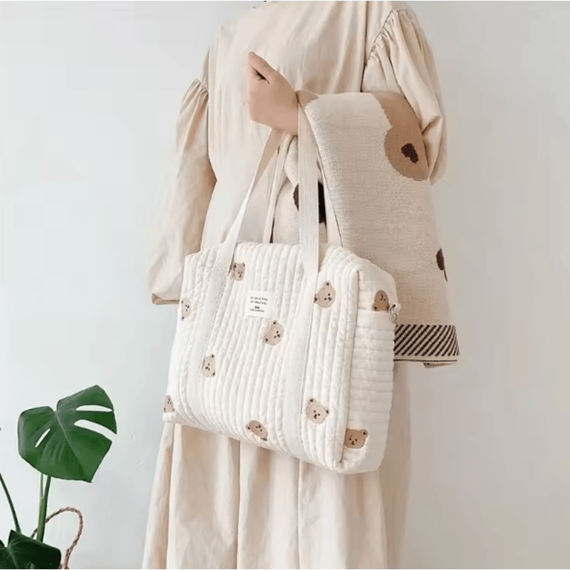 KoreanStyle Quilted Diaper Bag With Elegant Embroidery Large Storage 6