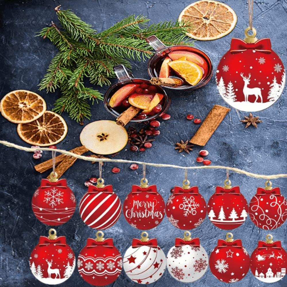 Red White Wooden Christmas Ball Ornaments Set With Elk Snowflake Designs 2