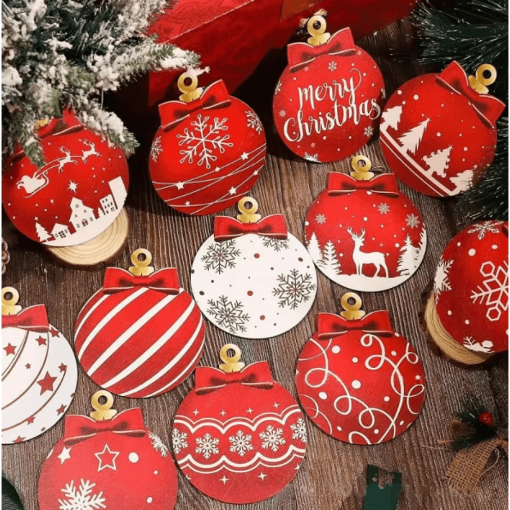 Red White Wooden Christmas Ball Ornaments Set With Elk Snowflake Designs 3