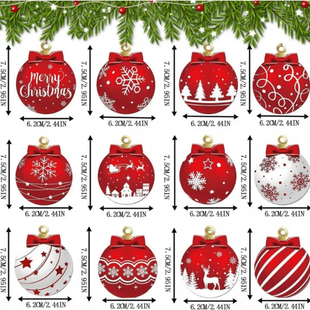 Red White Wooden Christmas Ball Ornaments Set With Elk Snowflake Designs 4