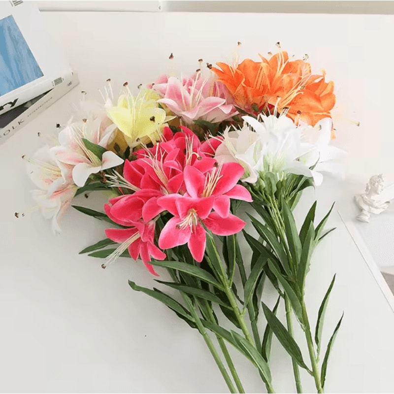 Lifelike Faux Lily Arrangement With Realistic Stems For Elegant Decor 0