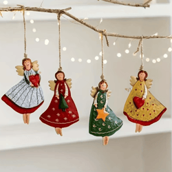 vintage wooden angel hanging ornaments set for classic christmas decor