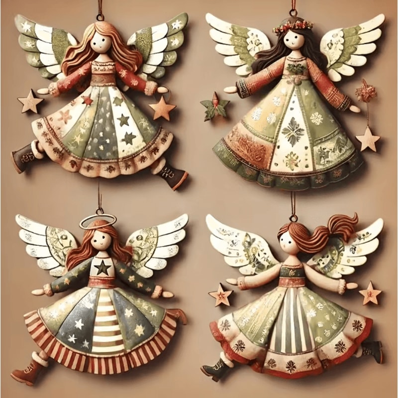 Vintage Wooden Angel Hanging Ornaments Set For Classic Christmas Decor 6