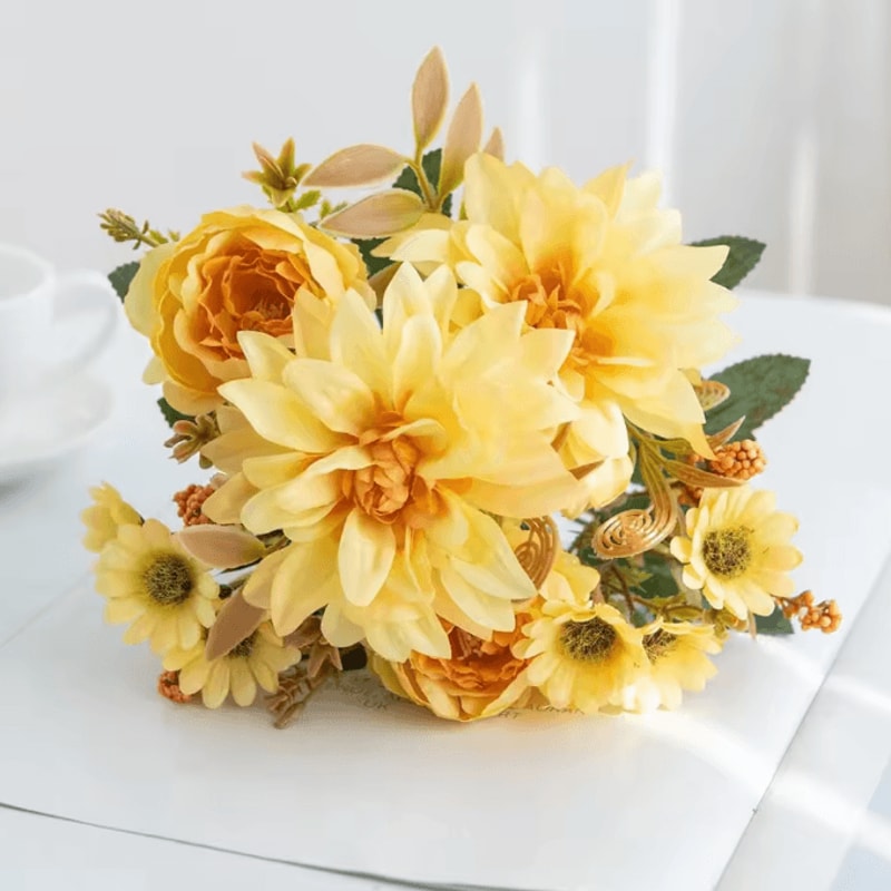 Lifelike Silk Dahlia Rose Daisy Bouquet For Home Event Decor 4